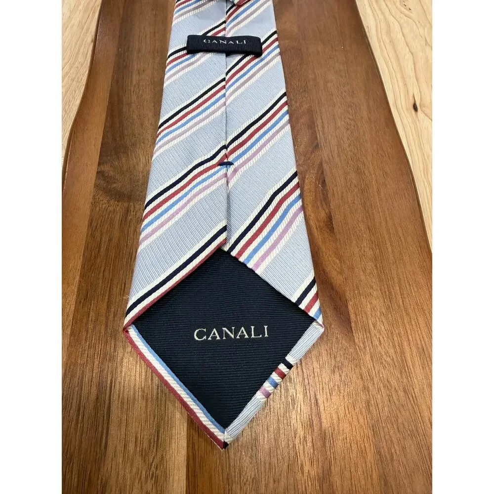 Canali Light Blue Striped Silk Tie with Navy, Pink and Burgundy Accents
